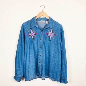 Vintage Paris Saint Germain Denim Embellished Oversized Button-Down Shirt Blouse